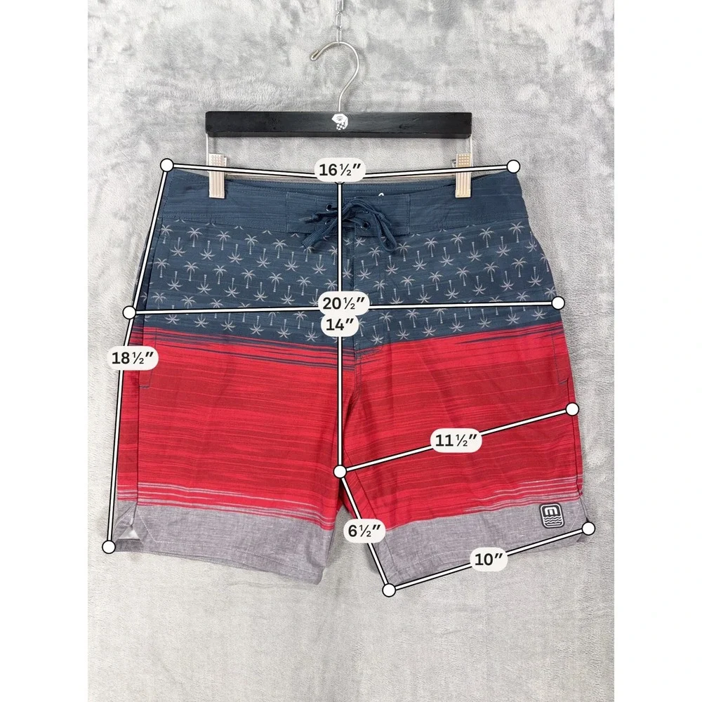 Travis Mathew Board Shorts Mens Size 32 Navy Red Grey Palm Tree Swim Trunks